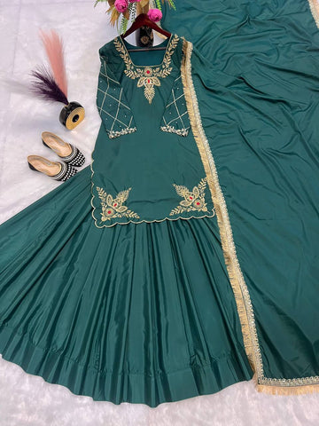 Designer Hand Work Teal Green Color Top With Lehenga