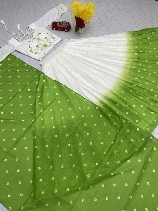 Beautiful Digital Print White & Green Color Lehenga Choli