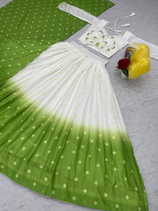 Beautiful Digital Print White & Green Color Lehenga Choli