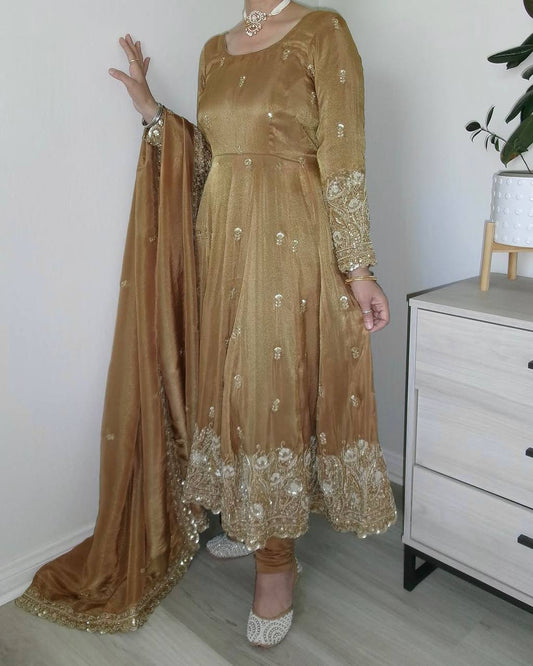 Decent Jimmy Choo Beige Color Anarkali Gown