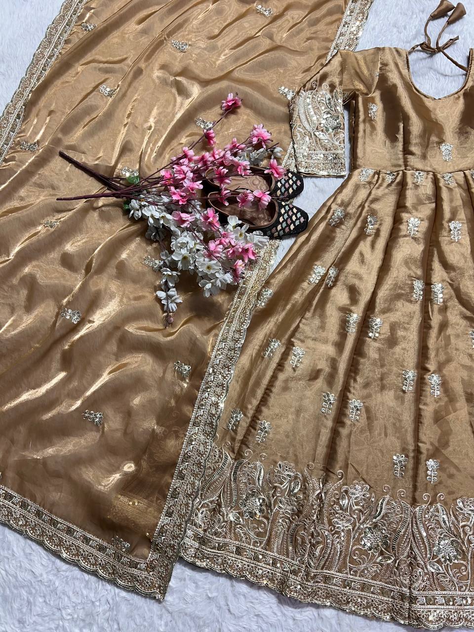 Decent Jimmy Choo Beige Color Anarkali Gown – RangVastra.com Decent Jimmy Choo Beige Color Anarkali Gown – RangVastra.com