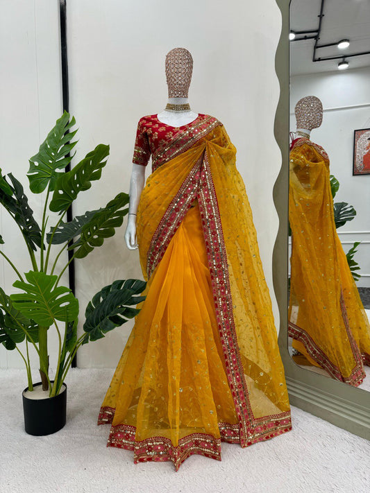 Flattering Organza Silk Yellow Color Saree