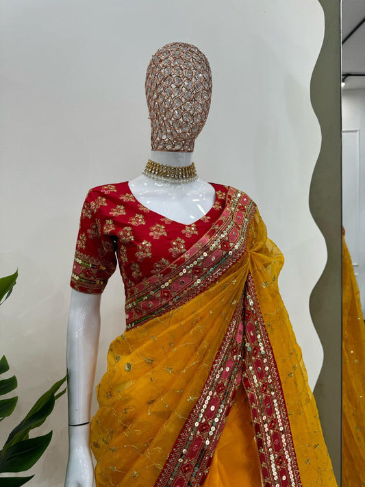 Flattering Organza Silk Yellow Color Saree