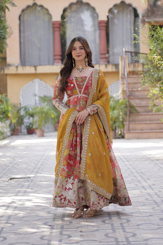 Attractive Digital Printed Red Multicolor Gown