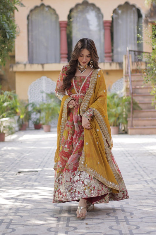 Attractive Digital Printed Red Multicolor Gown