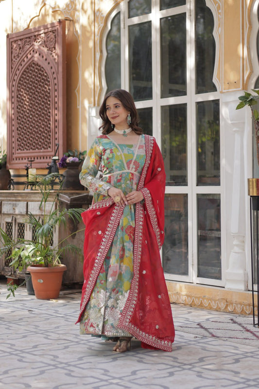 Attractive Digital Printed Sky Blue Multicolor Gown