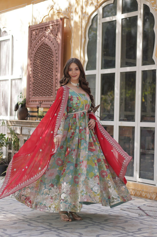 Attractive Digital Printed Sky Blue Multicolor Gown