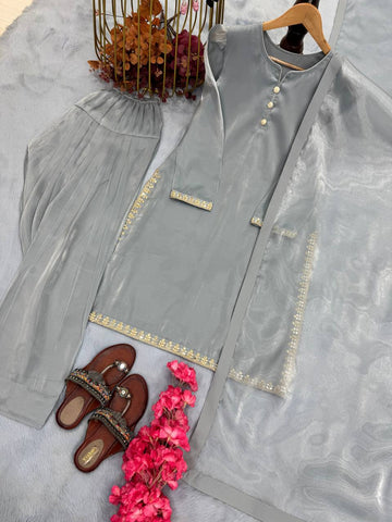 Unique Embroidery Work Grey Color Palazzo Suit
