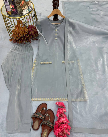 Unique Embroidery Work Grey Color Palazzo Suit