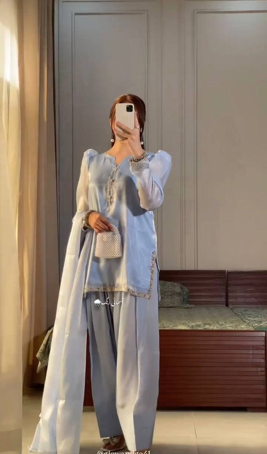 Unique Embroidery Work Grey Color Palazzo Suit