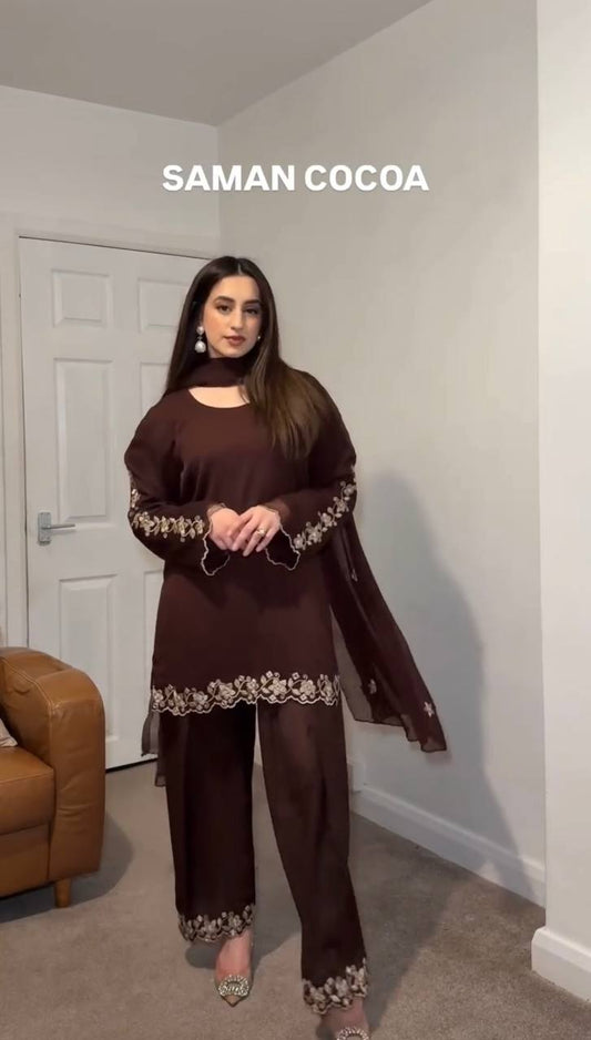 Captivating Embroidery Work Brown Color Palazzo Suit