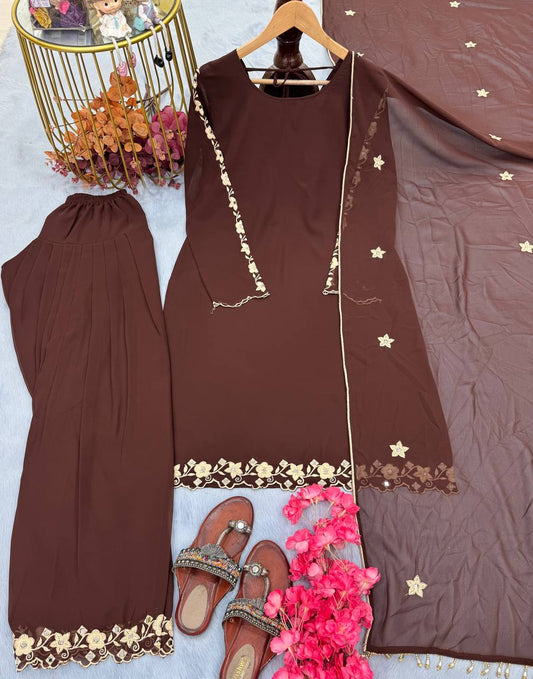 Captivating Embroidery Work Brown Color Palazzo Suit