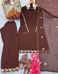 Captivating Embroidery Work Brown Color Palazzo Suit