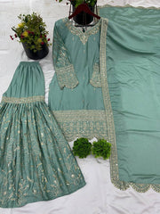 Awesome Embroidery Work Rama Color Sharara Suit