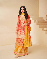 Exclusive Chinon Silk Red Color Sharara Suit