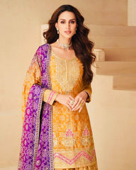 Exclusive Chinon Silk Mustard Color Sharara Suit