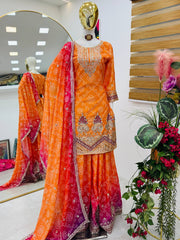 Exclusive Chinon Silk Mustard Color Sharara Suit