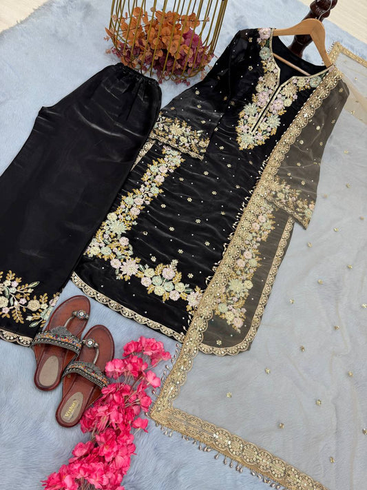 Stunning Sequence Work Black Color Palazzo Suit