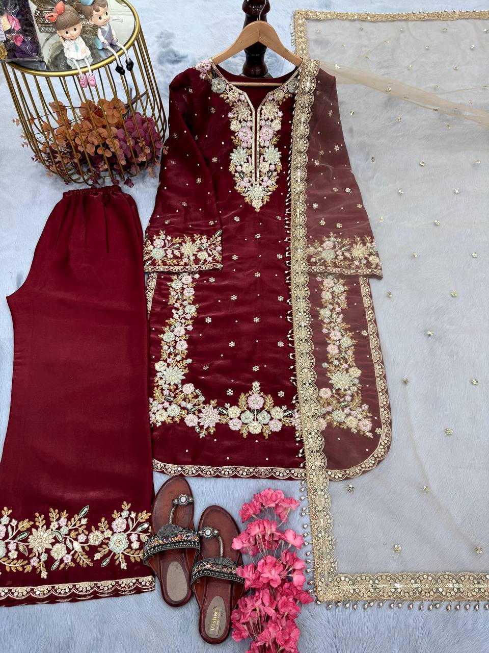 Stunning Sequence Work Maroon Color Palazzo Suit
