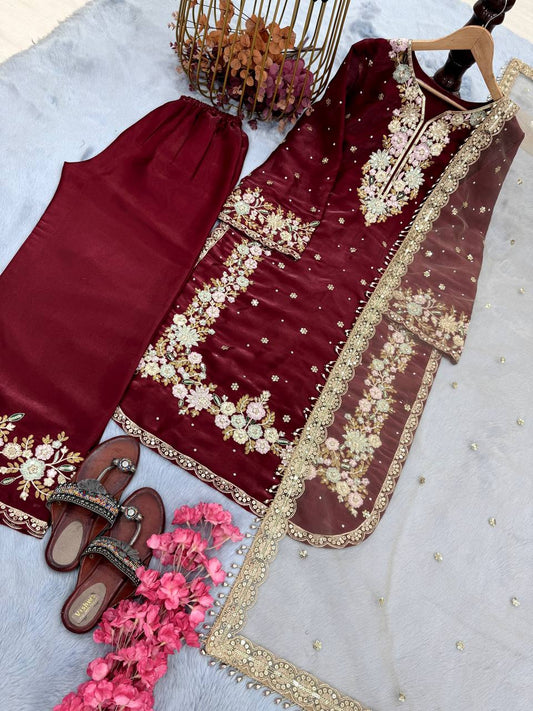Stunning Sequence Work Maroon Color Palazzo Suit