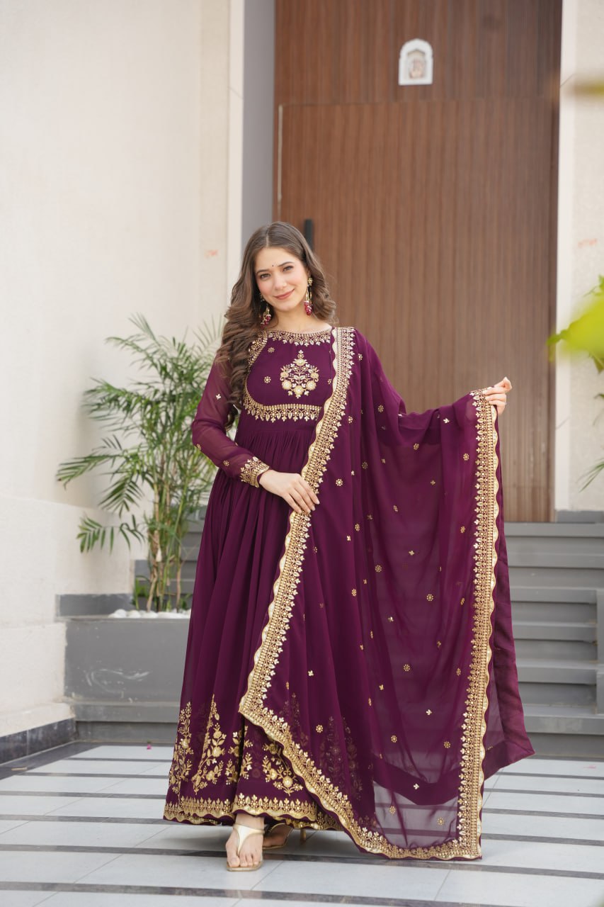 Wine Color Embroidery Sequence Work Fancy Gown