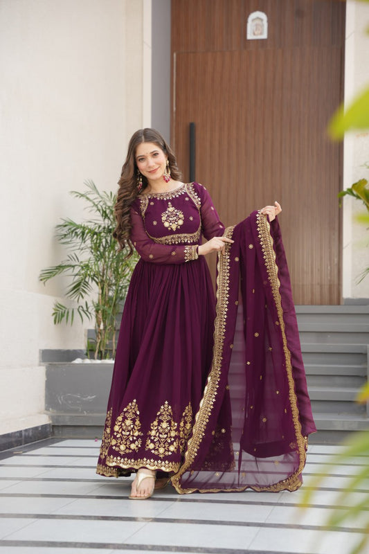 Wine Color Embroidery Sequence Work Fancy Gown