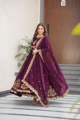 Wine Color Embroidery Sequence Work Fancy Gown