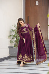 Wine Color Embroidery Sequence Work Fancy Gown