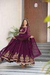 Wine Color Embroidery Sequence Work Fancy Gown