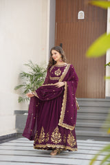 Wine Color Embroidery Sequence Work Fancy Gown