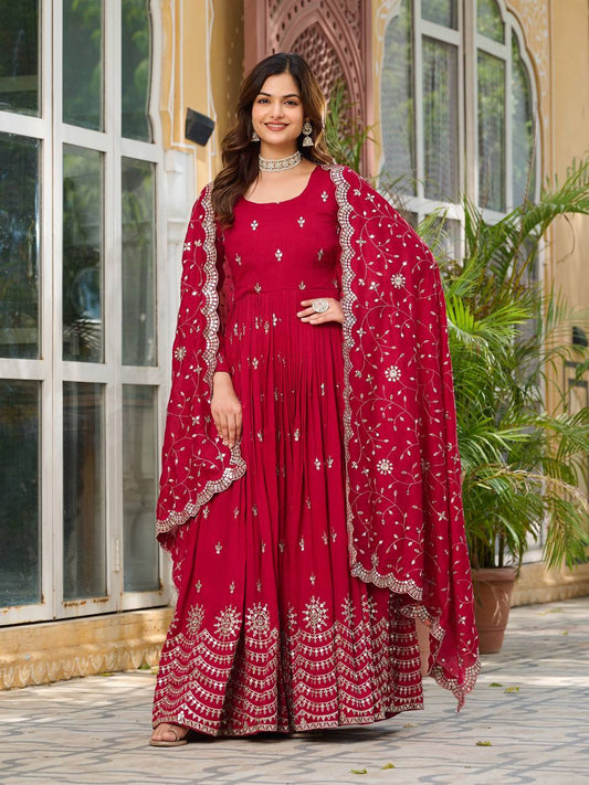 Adorable Vichitra Silk Red Color Gown
