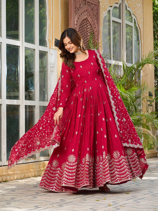 Adorable Vichitra Silk Red Color Gown