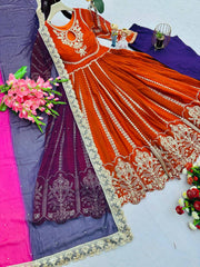 Designer Embroidery Work Orange Color Gown