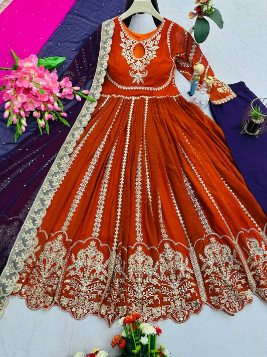 Designer Embroidery Work Orange Color Gown