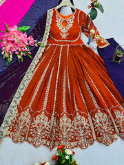 Designer Embroidery Work Orange Color Gown