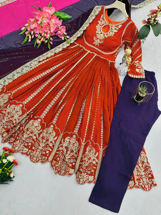 Designer Embroidery Work Orange Color Gown