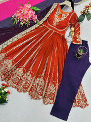 Designer Embroidery Work Orange Color Gown