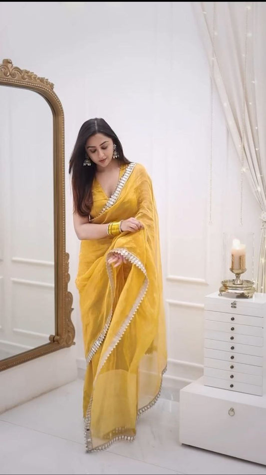 Beautiful Real Mirror Work Yellow Color Saree