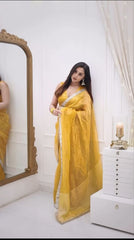 Beautiful Real Mirror Work Yellow Color Saree