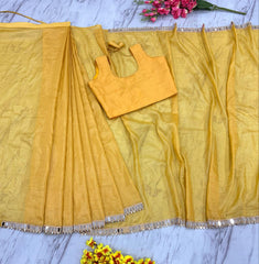 Beautiful Real Mirror Work Yellow Color Saree