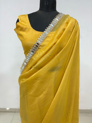 Beautiful Real Mirror Work Yellow Color Saree