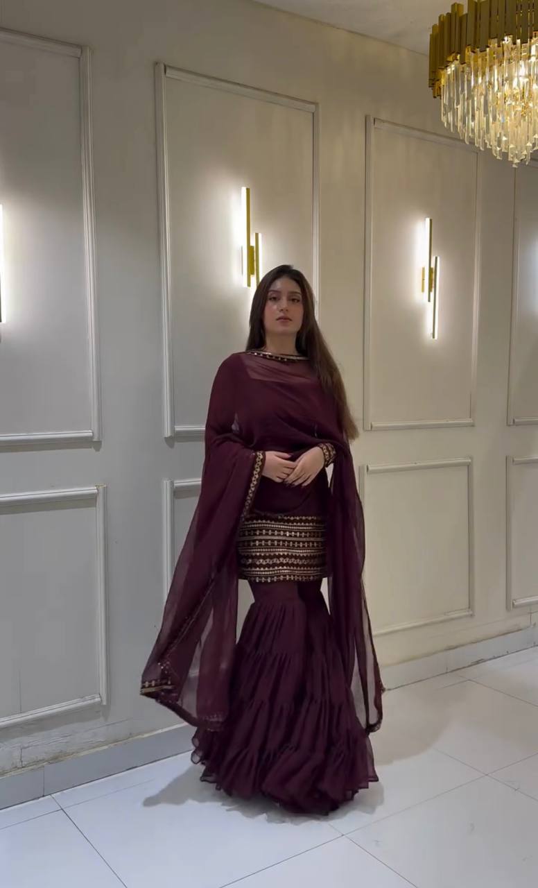 Delightful Embroidery Work Wine Color Sharara Suit