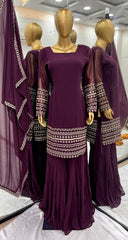 Delightful Embroidery Work Wine Color Sharara Suit