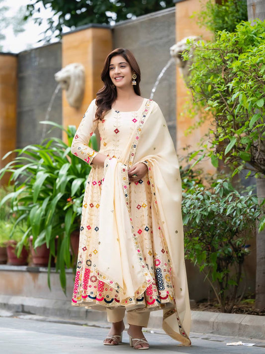 Wonderful Silk Cream Color Anarkali Gown