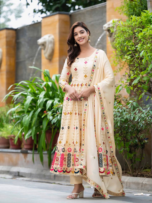 Wonderful Silk Cream Color Anarkali Gown