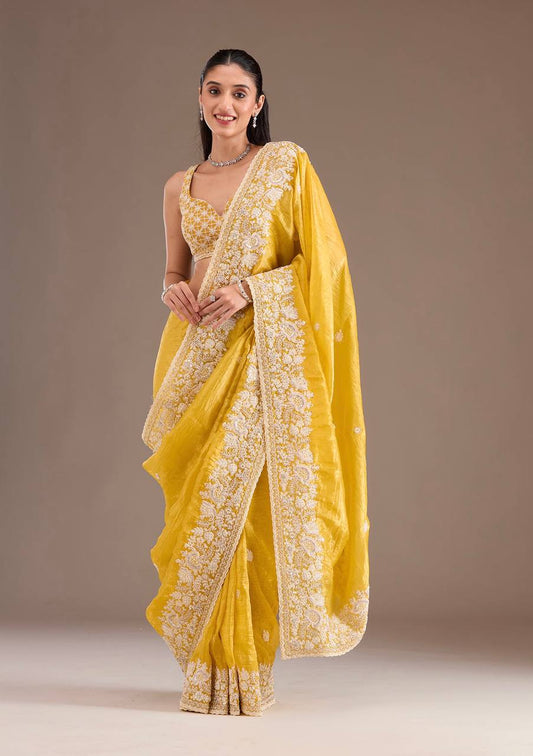 Preferable Gold Crush Yellow Color Saree
