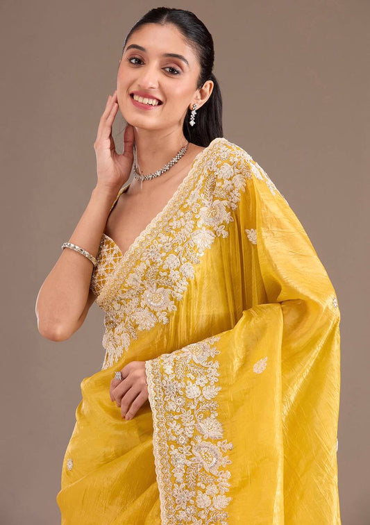 Preferable Gold Crush Yellow Color Saree