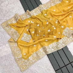Preferable Gold Crush Yellow Color Saree