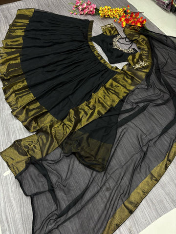 Shining Black Color Chiffon Jari Patta Lehenga Choli