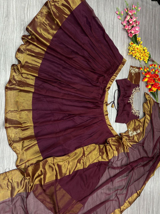 Shining Marron Color Chiffon Jari Patta Lehenga Choli